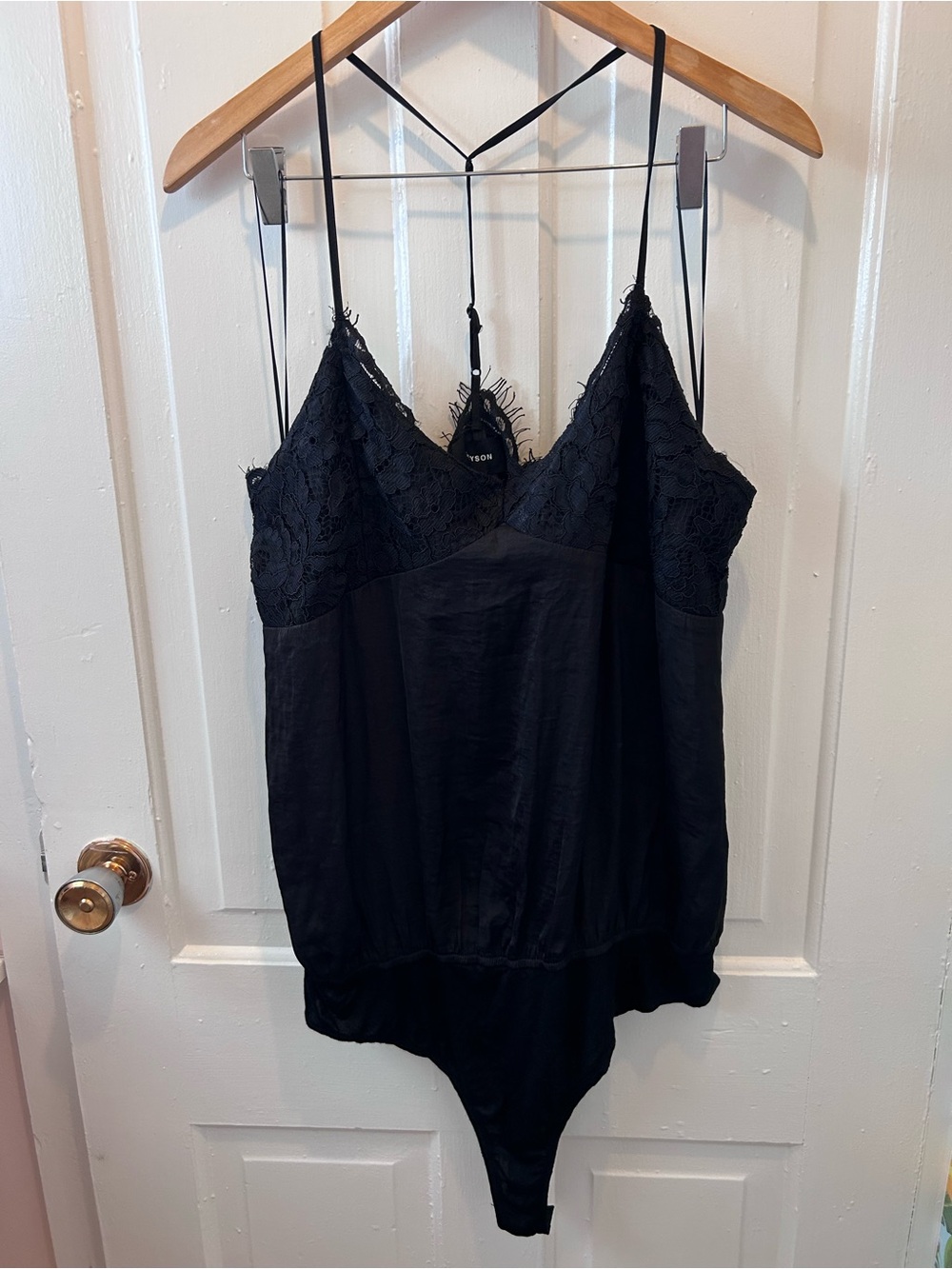 Black Lace-Trim Satin Bodysuit Chemise